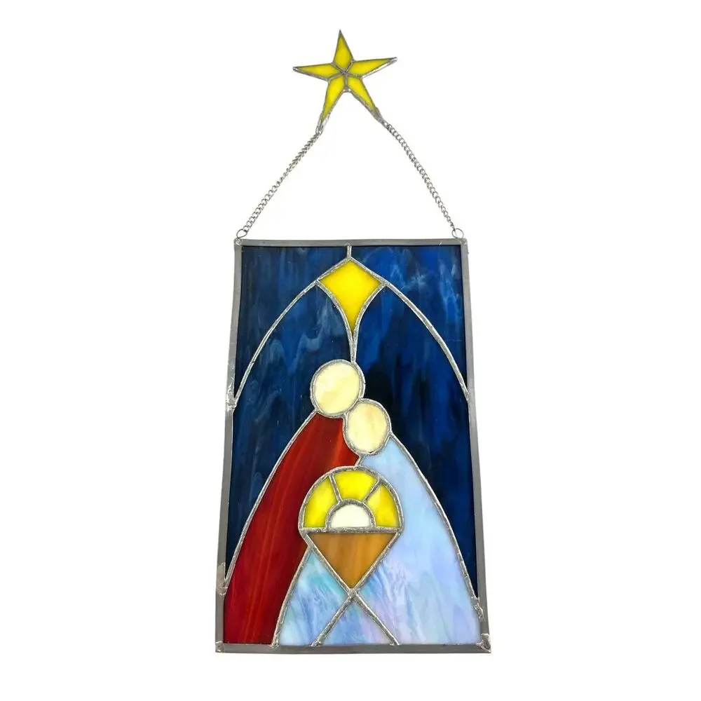 Vintage Stained Glass Nativity Suncatcher Holy Family Jesus Bethlehem Star 19”